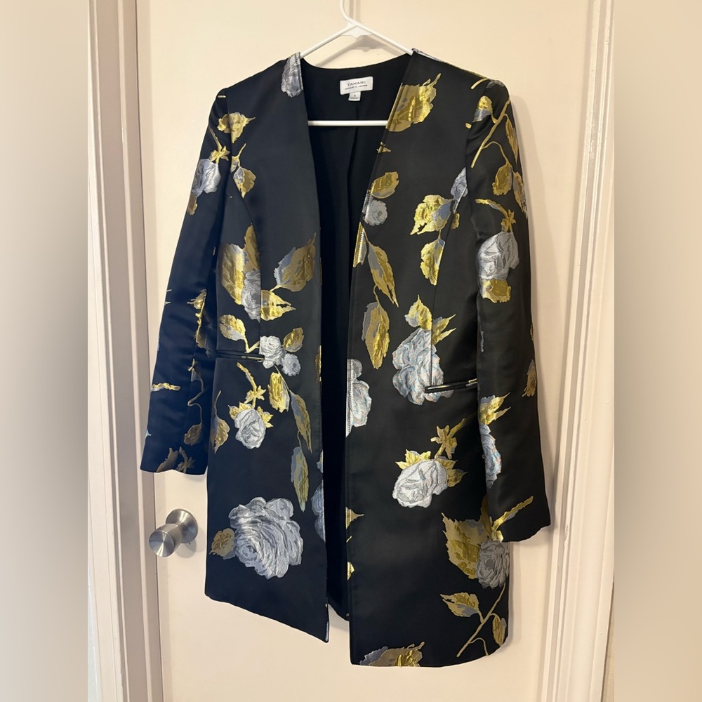 Tahari Black Blazer with Gold and Silver Floral Design